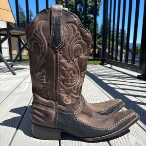 Caborca Boots Brown Black Embroidered Leather Western Cowboy Work Men's US 10